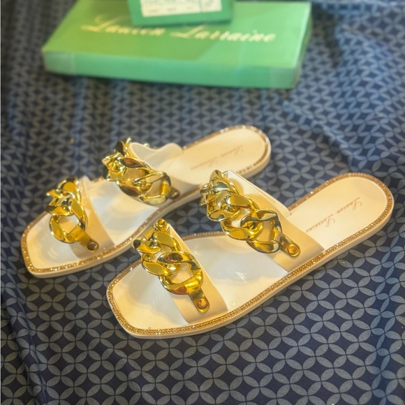 Lauren Lorraine Chan White Elegant Gold Chain Women Sandals - Picture 1 of 5